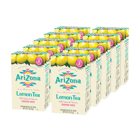 Ten packs of AriZona Lemon Tea Stix On The Go, each with 10 powdered drink mix sticks, are arranged in rows, displaying the lemon-themed front label and noting just 5 calories per serving with no preservatives.