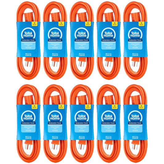 10 Pack - Total Home Single Outlet Grounded 8 Foot Extension Cord Orange Total Home
