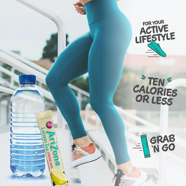 A person in teal leggings stands on stairs next to a water bottle and AriZona Lemon Tea Stix On The Go Powdered Drink Mix; text highlights only 5 calories per stick, perfect for an active lifestyle.