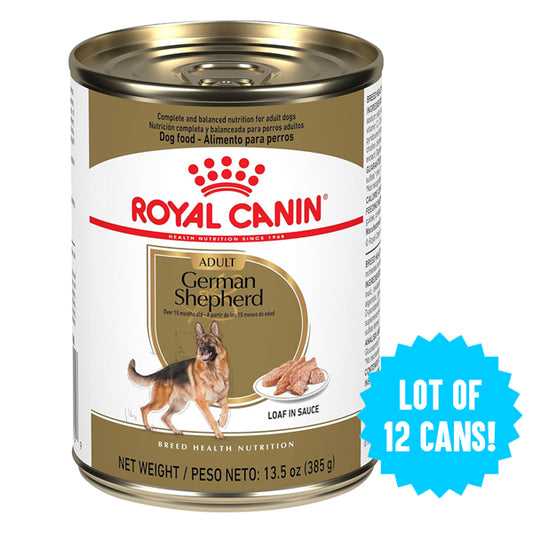 A 12-pack of Royal Canin German Shepherd Loaf in Sauce 13.5oz cans, breed-specific dog food formulated to support bone and joint health in adult German Shepherds.