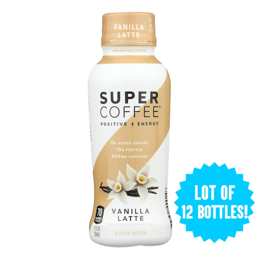 A 12 Pack of Kitu Super Coffee Protein With MCT Oil Vanilla Latte (12oz) showcases 0g added sugar, 10g protein, and 200mg caffeine per bottle—ideal keto coffee for energy lovers seeking a delicious boost!.