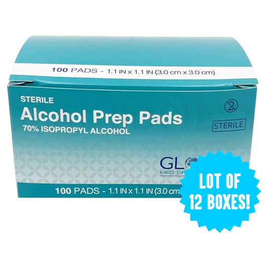 Global Med Group 12 Pack - Sterile Alcohol Prep Pads, 70% isopropyl, 3x3cm, total of 1200 pads—perfect for antiseptic use.