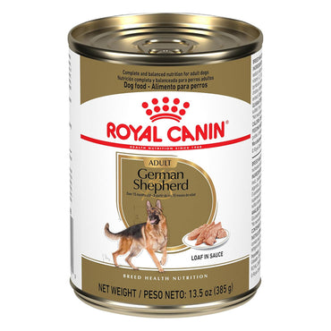 A 12-pack of Royal Canin German Shepherd Loaf in Sauce Canned Dog Food (13.5oz each) offers a breed-specific diet that supports bone and joint health, featuring a German Shepherd on the label.