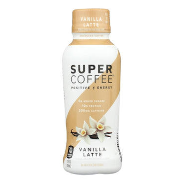 Kitu’s 12 Pack Super Coffee Protein With MCT Oil Vanilla Latte (12oz) has 0g added sugar, 10g protein, and 200mg caffeine per bottle, each in beige and white packaging featuring vanilla flower designs.