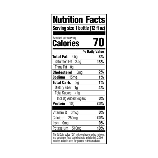 The 12oz Kitu Super Coffee Protein With MCT Oil Vanilla Latte has a Nutrition Facts label showing 70 calories, 2.5g total fat, 20% potassium, and 1g protein per serving. Available in a 12 pack from Kitu.