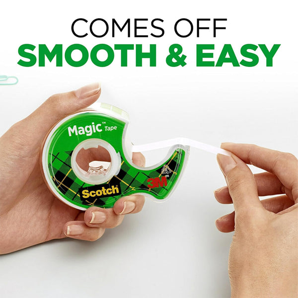 A person pulls a strip of Scotch Magic Tape from a green dispenser. Text above reads, COMES OFF SMOOTH & EASY. The matte finish of the 12 Pack - Scotch Magic Tape Transparent rolls is perfect for seamless repairs and projects.