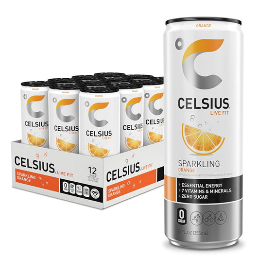 A 12-pack of Celsius Sparkling Orange Essential Energy Drink (12oz cans) is shown with one can in front. The label highlights zero sugar, essential vitamins, and energy benefits, making it a great pre-workout option.