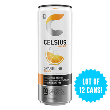 A 12 Pack of Celsius Sparkling Orange Essential Energy Drink 12oz is shown, featuring product details and a blue starburst reading LOT OF 12 CANS!—ideal as a refreshing pre-workout beverage.