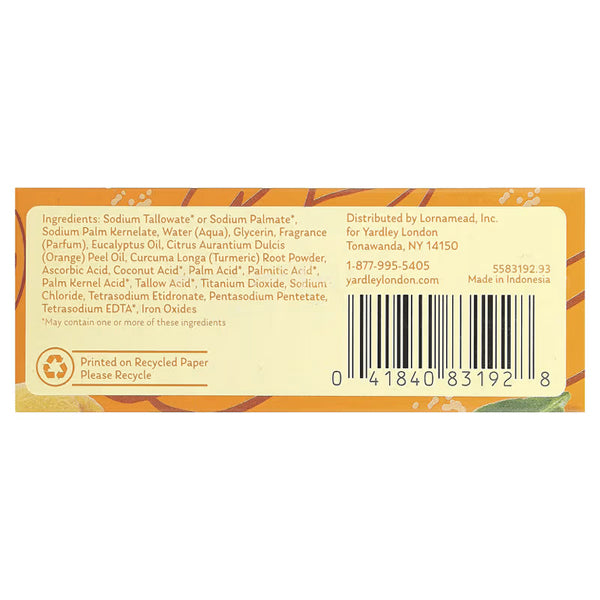 Back of the Yardley 16 Pack Nourishing Bath Soap Bar with Vitamin C (4 oz) shows ingredients like Vitamin C and Orange Peel, distribution info, barcode, recycling notice, and manufacturing details.