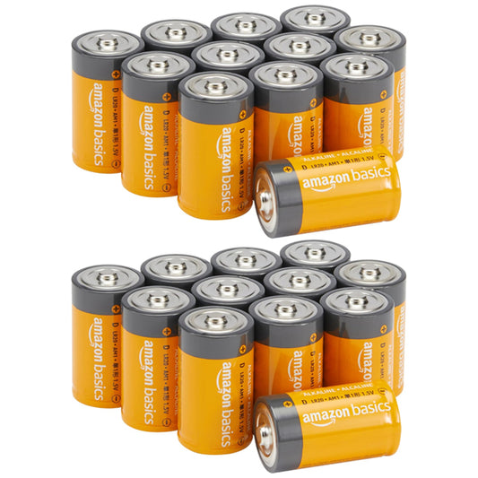 The Amazon Basics 24-Pack D Cell Alkaline All-Purpose Batteries (1.5 Volt) by Amazon offers reliable power for emergency devices and features a 5-year shelf life.