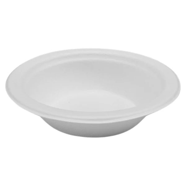 A plain, white, round 16oz bowl with a smooth rim from Emerald Ecovations—tree-free, compostable, and eco-friendly. Available in a 1,000 count pack for sustainable meal serving.