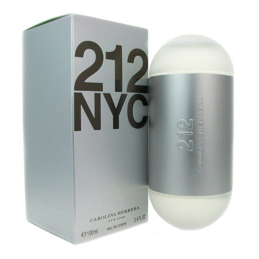 Carolina Herrera 212 NYC Eau De Toilette For Women 3.4oz is displayed with its box, both in a sleek silver and white design. This perfume by Carolina Herrera captures the vibrant, floral spirit of the city.