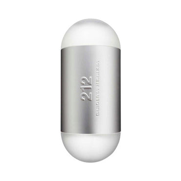 Carolina Herrera 212 NYC Eau De Toilette For Women 3.4oz features a silver and white capsule bottle embossed with 212 and Carolina Herrera, reflecting the elegant floral scent of this iconic fragrance.