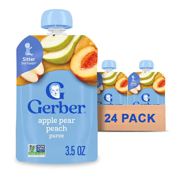 24 Pack - Gerber Stage 2 Baby Food, Apple Pear Peach Puree Pouch 3.5oz