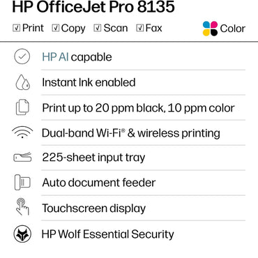 HP OfficeJet Pro 8135 Wireless All-in-One Color Inkjet Printer, Print, Scan, Copy, Fax C2VK1A HP