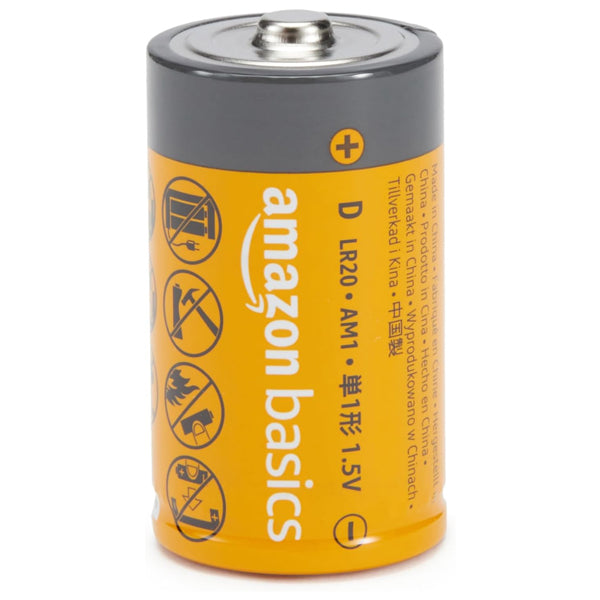 Amazon Basics 12-Pack D Cell 1.5V alkaline batteries, featuring a yellow and gray label with safety icons and product info—ideal for emergency devices, offering reliable power and a 5-year shelf life. Brand: Amazon.