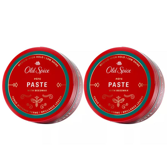 Two red tins of Old Spice Medium Hold Low Shine Hair Styling Paste for Men, 2 Pack (2.22 oz each), are displayed side by side on a white background—ideal for achieving barbershop-quality results at home.