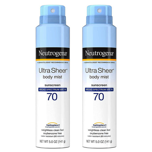 Two cans of Neutrogena Ultra Sheer Lightweight Sunscreen Spray SPF 70, 5oz each (2 pack), are positioned side by side against a white background.