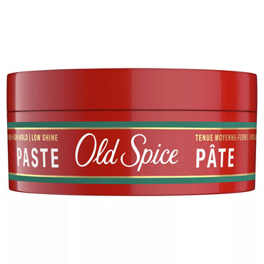 A 2-pack of Old Spice Medium Hold Low Shine Hair Styling Paste for Men (2.22 oz), a barbershop-quality product in a red container, offers medium hold and low shine.