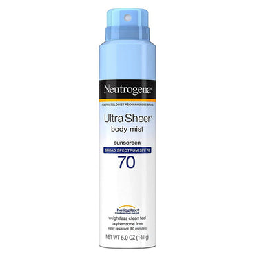 Neutrogena 2 Pack Ultra Sheer Lightweight Sunscreen Spray offers SPF 70 protection in 5oz cans, combining reliable sun care with a lightweight feel.
