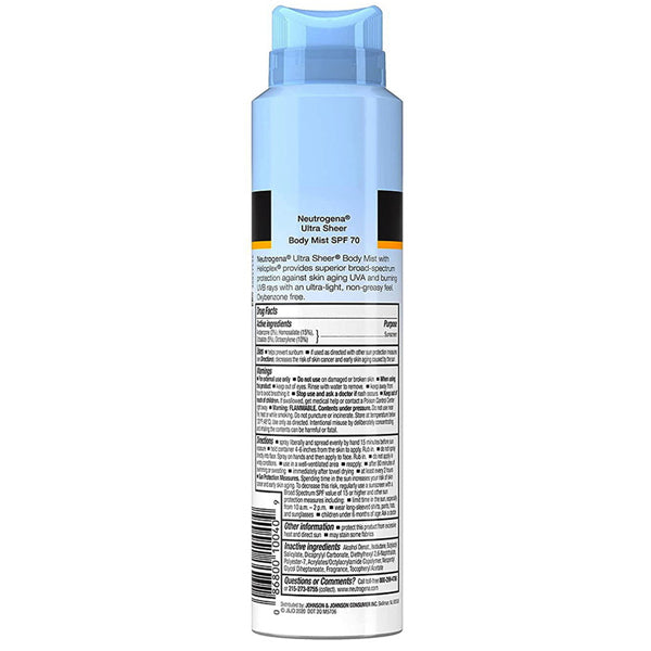 A pack of two Neutrogena Ultra Sheer Lightweight Sunscreen Spray SPF 70 (5oz) cans is shown, featuring visible product details and instructions on the back label.