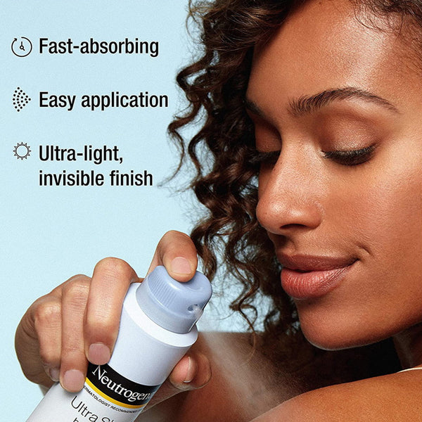 A woman sprays Neutrogena Ultra Sheer Lightweight Sunscreen Spray SPF 70 (2 Pack, 5oz) on her shoulder, as text highlights broad spectrum protection, fast absorption, easy application, and an ultra-light invisible finish.