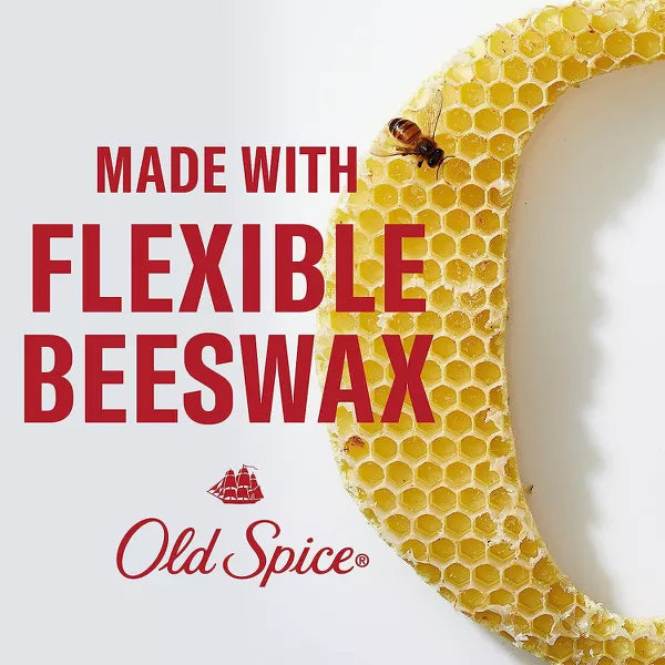 A honeycomb with a bee and the text Made with Flexible Beeswax. Old Spice 2 Pack Medium Hold Low Shine Hair Styling Paste for Men, 2.22 oz—barbershop quality styling.