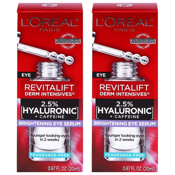 Get two boxes of LOréal Revitalift Derm Intensives Brightening Eye Serum, 0.67oz each, for visibly brighter eyes in 2 weeks.