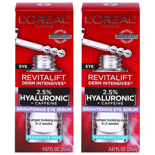 Get two boxes of LOréal Revitalift Derm Intensives Brightening Eye Serum, 0.67oz each, for visibly brighter eyes in 2 weeks.