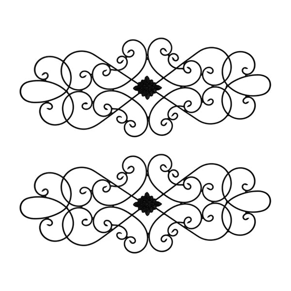 Besti 2 Pack Wrought Iron Wall Art Decor features identical black swirl medallions with a central floral motif, perfect for living rooms or bedrooms. Each measures 32 x 12.