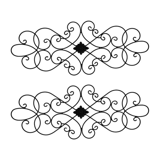 Besti 2 Pack Wrought Iron Wall Art Decor features identical black swirl medallions with a central floral motif, perfect for living rooms or bedrooms. Each measures 32 x 12.