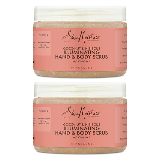 Two jars of Shea Moisture 2 Pack Body Scrub for Dull Skin Coconut & Hibiscus, 12oz each, are stacked vertically against a white background.