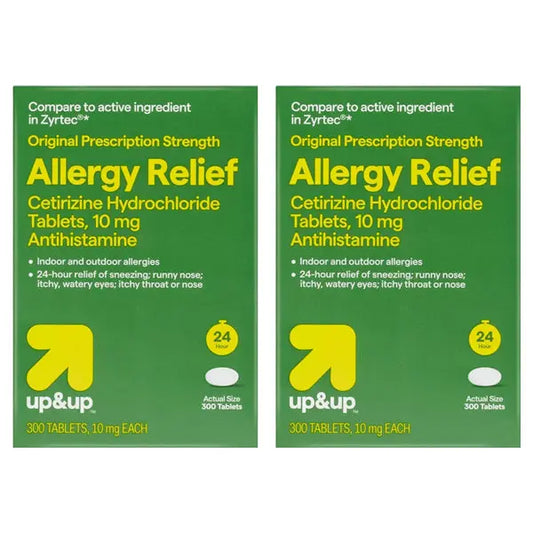 Get 2 packs of up&up Cetirizine Hydrochloride Allergy Relief Tablets, 300 tablets each (10mg), for 24-hour antihistamine relief from allergy symptoms.