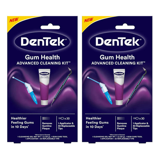 Two packs of DenTek Gum Health Advanced Cleaning Oral Care Kit, each including cleaning gel, an applicator, and 30 replaceable tips for effective plaque removal, shown with product details on a purple background.