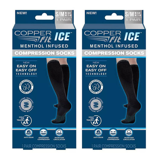 Two packs of Copper Fit Ice Menthol Infused Compression Socks S/M by Copper Fit, shown side by side in blue and black packaging, feature copper-infused compression with menthol and CoQ10.