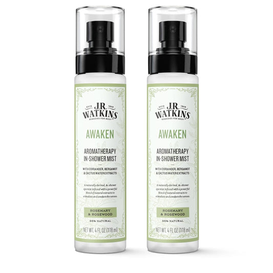 Two bottles of J.R. Watkins Awaken Aromatherapy in-Shower Mist, Rosemary & Rosewood, 4 oz each, deliver a spa-like experience with mood-enhancing natural ingredients. 2 Pack by J.R. Watkins.