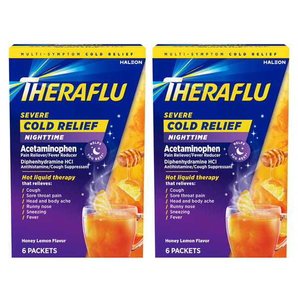 Two boxes of TheraFlu Nighttime Severe Cold Relief Honey Lemon Flavor Powder, 6 packets each, displayed side by side.