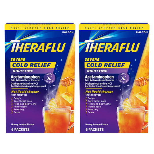 Two boxes of TheraFlu Nighttime Severe Cold Relief Honey Lemon Flavor Powder, 6 packets each, displayed side by side.