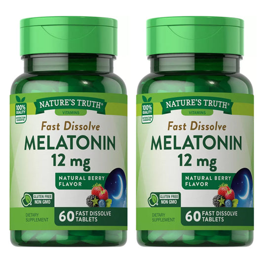 Two bottles of Natures Truth Melatonin Fast Dissolve Tablets, Berry flavor, 60 tablets each—12mg extra strength nighttime sleep aid. Gluten-free and non-GMO dietary supplement.