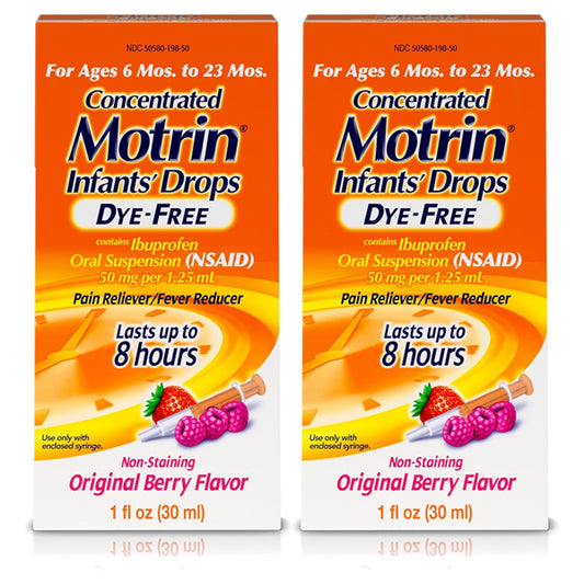 Two boxes of Motrin Infants Concentrated Liquid Medicine Drops, Berry Flavor, 1oz each, for ages 6–23 months. Each box offers up to 8 hours of fever reduction.
