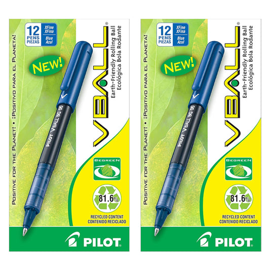 2 Pack - Pilot BeGreen VBall Rolling Ball Pens Extra Fine Point Blue Ink 12 Count