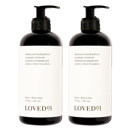 Loved 01 2 Pack Deep Hydration Hand + Body Lotion, 15oz each, contains rosehip and sea buckthorn oils plus plant butters for nourishing moisture.