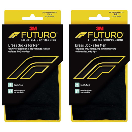 Two packs of Futura FUTURO Lifestyle Black Compression Dress Socks for Men, Firm and Large, offer all-day leg support and help relieve tired, achy legs while minimizing swelling.