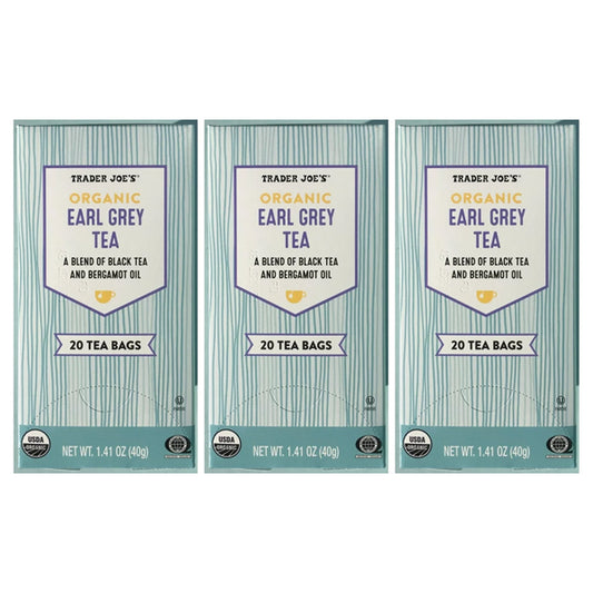 Trader Joes 3 Pack Organic Earl Grey Tea—each box has 20 tea bags with a blend of organic black tea and fragrant bergamot oil.