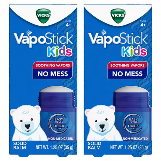 Two boxes of Vicks VapoStick Kids Soothing Vapors Balm 1.25oz, a non-medicated balm with “Soothing Vapors,” “No Mess,” blue packaging, and a polar bear illustration. Brand: Vicks.