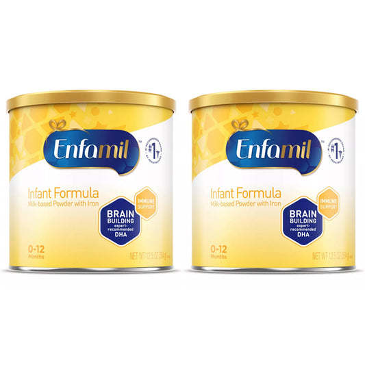 Two containers of Enfamil Milk-Based Powder Infant Formula, 0-12 months, 12.5oz each, provide key nutrients for brain development and immune support.