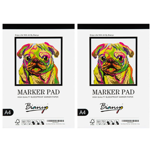 Two Bianyo A4 Bleedproof Marker Paper Pads (2 Pack, 50 sheets each, 18 LB/70 GSM) feature high-quality paper ideal for alcohol markers—perfect for smooth, vibrant artwork.