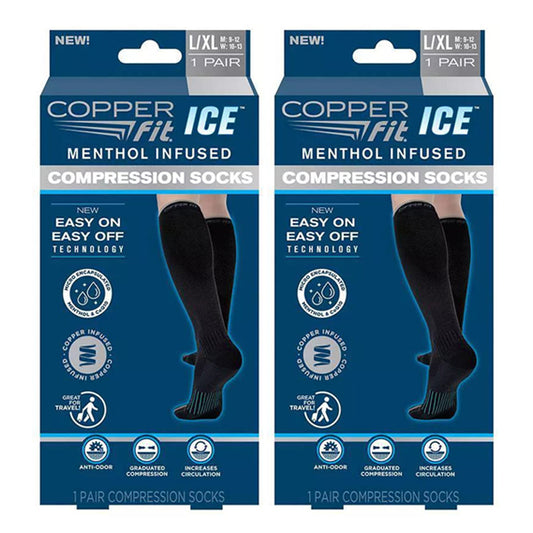 Two boxes of Copper Fit womens Ice Menthol Infused Compression Socks, size L/XL, offer compression for comfort and increased circulation.