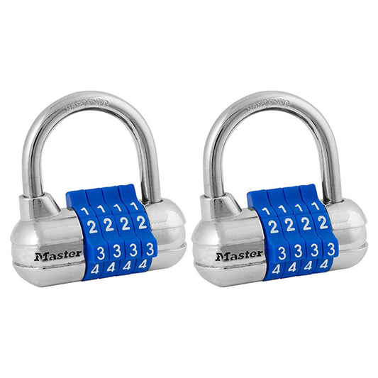 Two Master Lock 1523D combination padlocks (2 pack, colors may vary) are shown side by side on a white background—ideal for gym or locker use to keep your belongings secure.