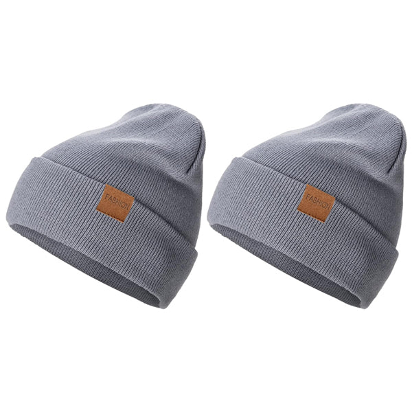 The SAFERIN 2 Pack Unisex Knit Cuffed Beanies feature gray acrylic fabric, folded brims, and brown patches. These warm winter hats offer adjustable comfort for men and women. Displayed side by side on a white background.